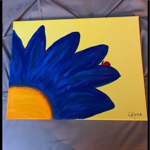 Blue flower, yellow background, with a ladybug painting 11x14
